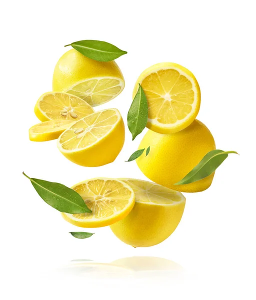 Taze çiğ çiğ ve yeşil yapraklı limonlar beyaz arka planda izole bir şekilde havaya düşüyor. Gıda havalanması ya da sıfır yerçekimi kavramı. Yüksek çözünürlük