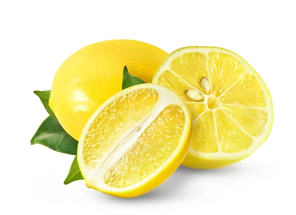 Fresh Ripe Raw Lemons Green Leaves Isolated White Background Whole — Photo