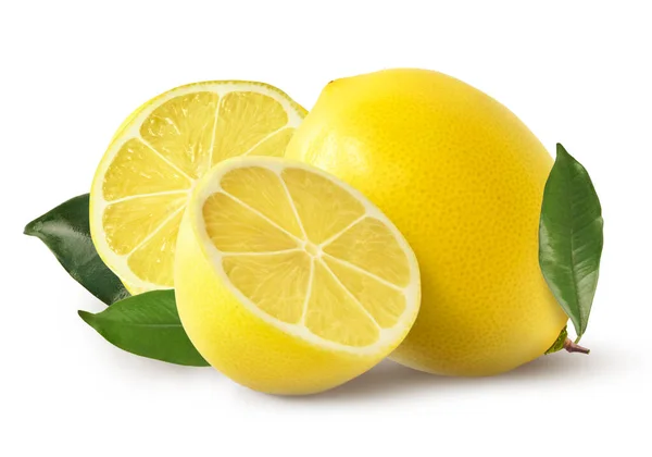 Frische Reife Rohe Zitronen Mit Grünen Blättern Auf Weißem Hintergrund — Stockfoto