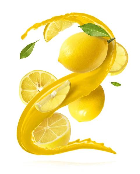 Creative Set Fresh Ripe Raw Lemons Green Leaves Juice Splashes — ストック写真