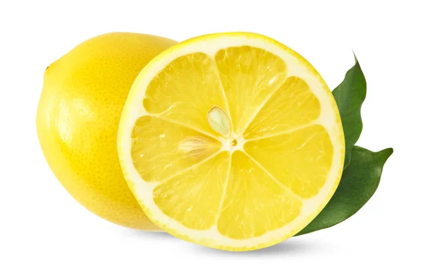 Fresh Ripe Raw Lemons Green Leaves Isolated White Background Whole — Stock Photo, Image