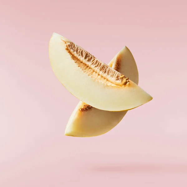 Fresh Raw Melon Falling Air Isolated Pink Background Food Levitation — Photo