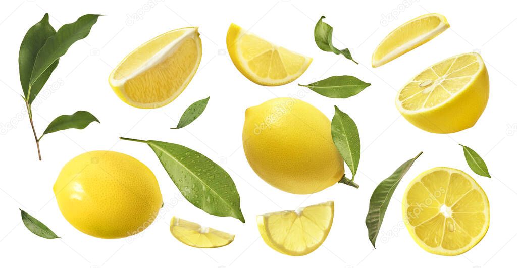 A creative set with Fresh ripe raw lemons with green leaves isolated on white background. Whole and cut yellow lemon collection, high resolution image