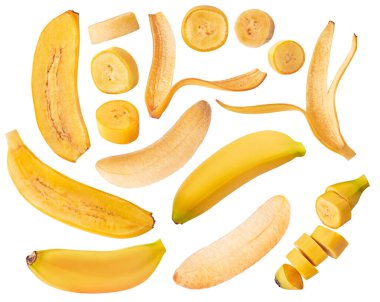 Beyaz arka planda taze, sarı bebek muzları olan bir set. Yüksek çözünürlük