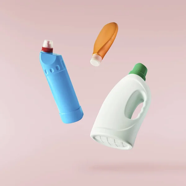家庭用清掃製品 ピンクの背景に隔離された空気中に落下するプラスチックボトル あなたのブランドの製品モックアップ — ストック写真