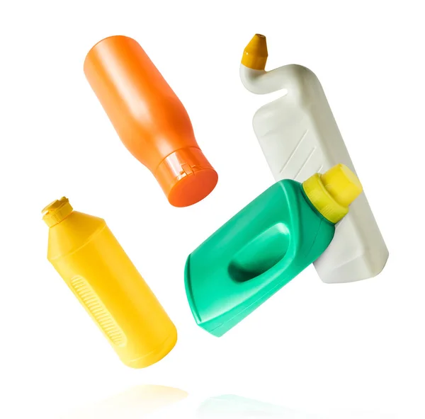 Produto Limpeza Para Uso Doméstico Uma Garrafa Plástico Caindo Isolado — Fotografia de Stock