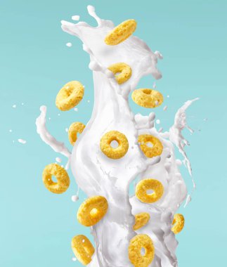 Süt damlaları havada uçuşan leziz halka gevrekleri. Gıda havalanma gebeliği. Yüksek ewsolution resmi