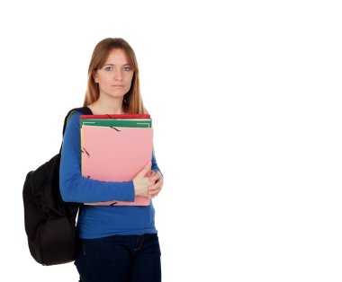 Genç kadın öğrenci sırt çantası ve klasörlerle