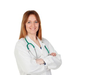 Kadın doktor stetoskop ile beyaz ceket