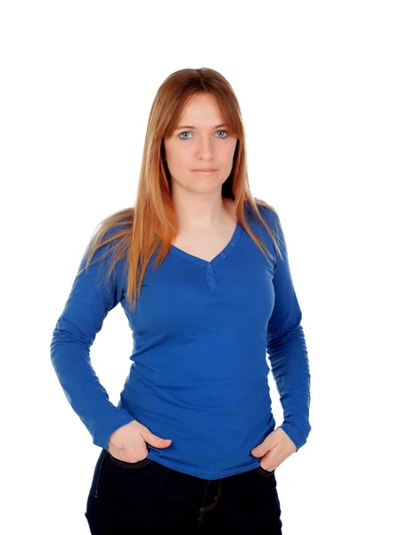 Mavi kazaklı çekici genç kadın — Stok fotoğraf