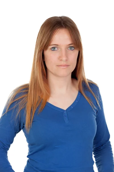 Ελκυστική νεαρή γυναίκα στο μπλε πουλόβερ — Φωτογραφία Αρχείου