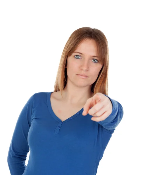 Young woman pointing with her finger — Stock Photo, Image