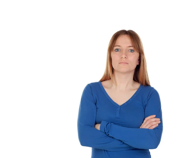 Aantrekkelijke jonge vrouw in blauwe trui — Stockfoto