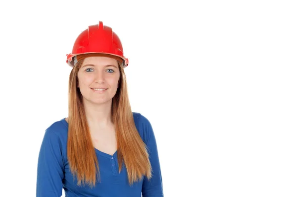 Arquiteto mulher no capacete de segurança vermelho — Fotografia de Stock