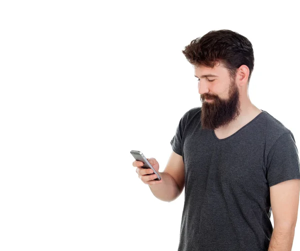 Mann mit Bart benutzt Handy — Stockfoto