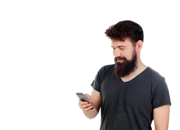 Mann mit Bart benutzt Handy — Stockfoto