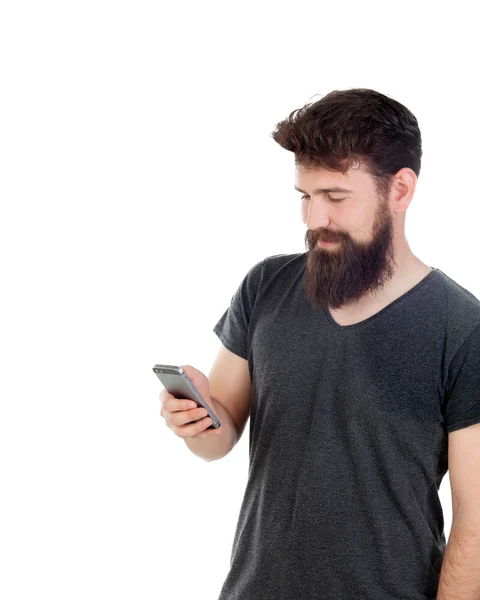 Mann mit Bart benutzt Handy — Stockfoto