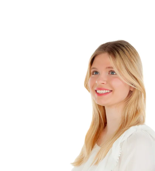 Beautiful blonde girl looking up — Stock Photo, Image