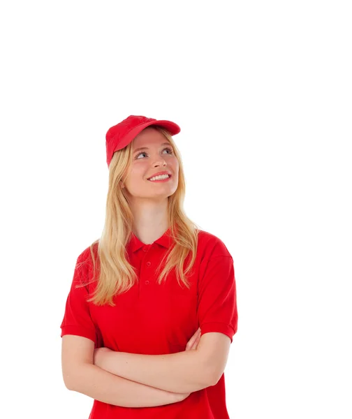 Kvinna iklädd röd leverans enhetlig — Stockfoto