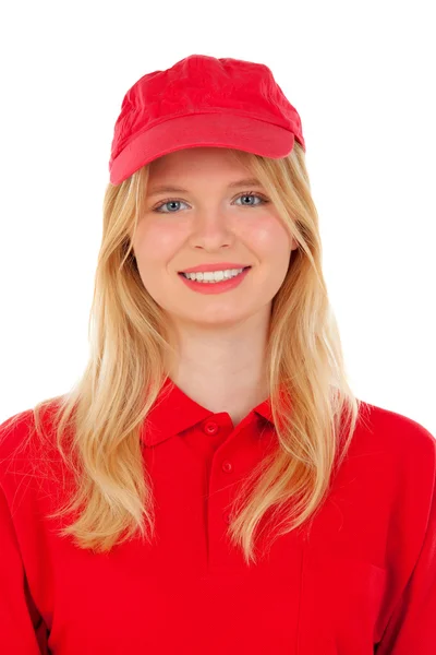 Donna vestita in uniforme rossa di consegna — Foto Stock