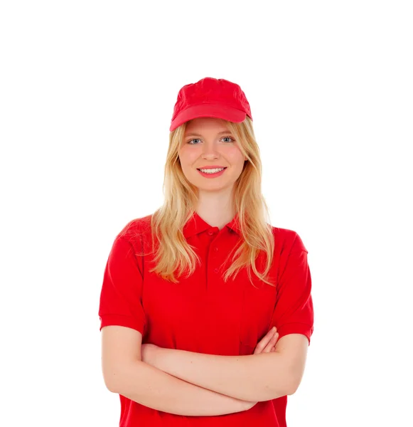 Женщина в красной униформе доставки — стоковое фото