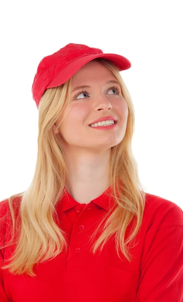 Woman dressed in red delivery uniform — Stock Photo, Image