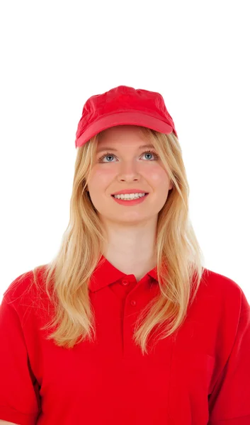 Donna vestita in uniforme rossa di consegna — Foto Stock