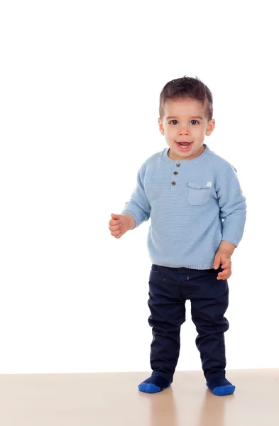 Entzückender kleiner Junge im blauen Pullover — Stockfoto