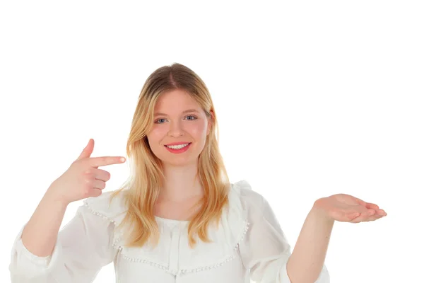 Blonde girl pointing something with the finger — Stock Photo, Image