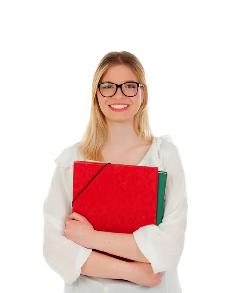 Student blond meisje met mappen — Stockfoto