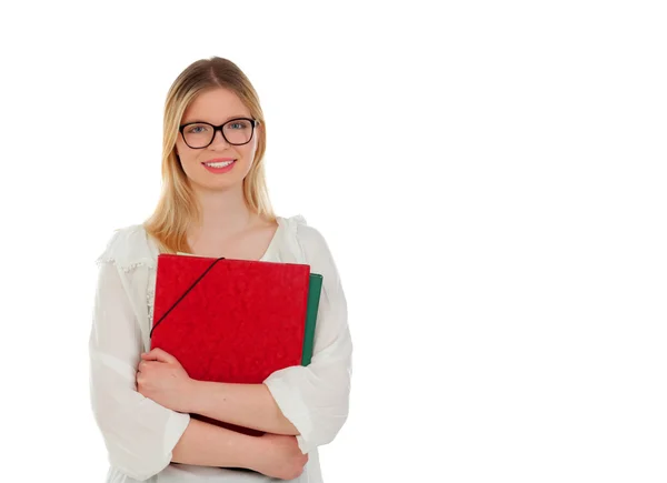 Blonďatá studentka s složky — Stock fotografie