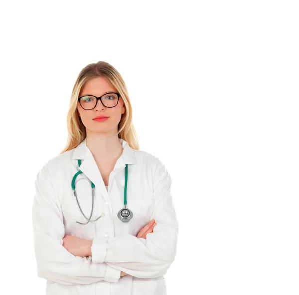 Médico mulher loira em casaco branco — Fotografia de Stock