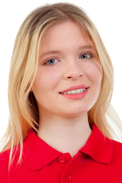 Jong blond meisje in de rode t-shirt — Stockfoto