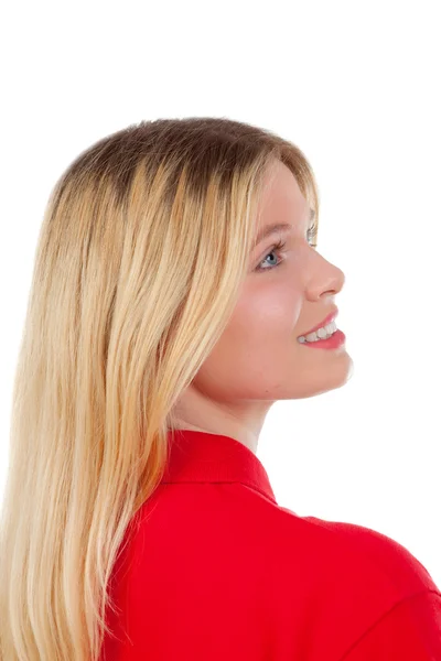 Блондинка в красной футболке — стоковое фото