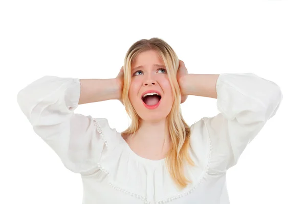 Blonde girl covering her ears — Stock Photo, Image