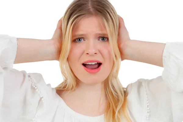 Blonde girl covering her ears — Stock Photo, Image