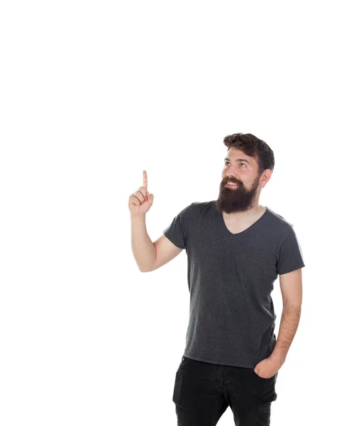 Pensive man with long beard pointing up — Stock Photo, Image