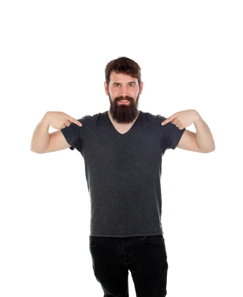 Uomo con la barba lunga che indica se stesso — Foto Stock