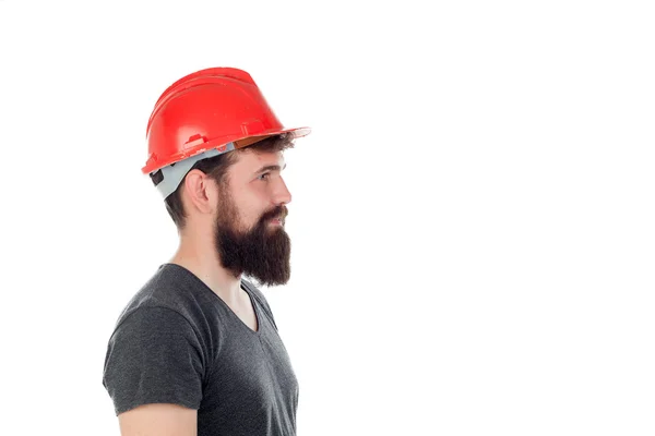 赤いヘルメットとハンサムな流行に敏感な男 — ストック写真