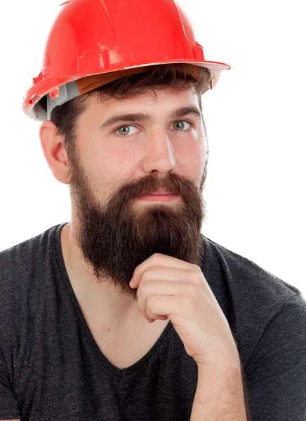 Pensive hipster man with red helmet — Stock Photo, Image