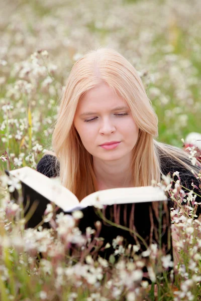 Mladá žena s knihou v louce — Stock fotografie
