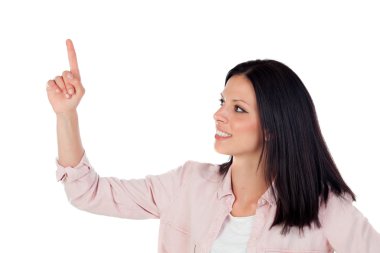 güzel kız parmaklı bir şey gösteren 