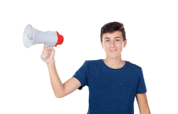 Adolescente cara com um megafone — Fotografia de Stock