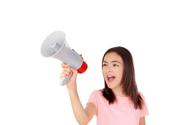 Jolie fille préadolescente avec un mégaphone — Photo