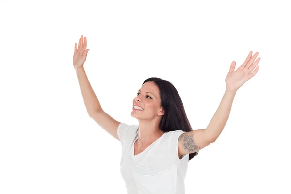 Opgewonden brunette vrouw een triomf te vieren — Stockfoto
