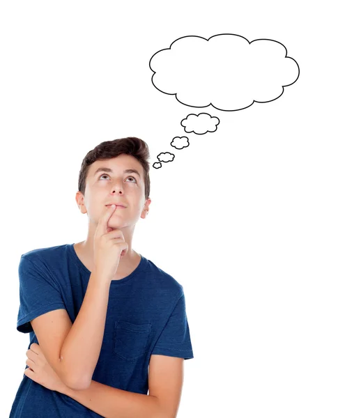 Young caucasian boy thinking with a blank bubble — Stock Photo, Image