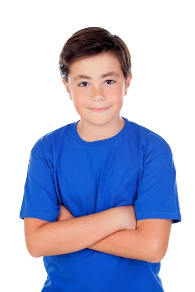 Niño divertido diez años de edad y azul camiseta —  Fotos de Stock