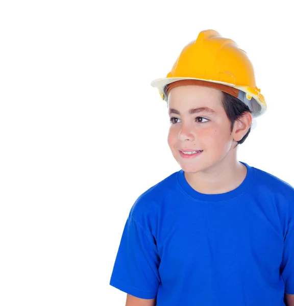 Niño divertido con casco amarillo . — Foto de Stock