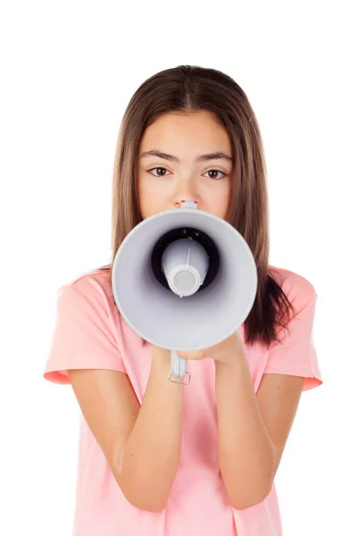 Pretty preteenager girl with a megaphone — Stock Photo, Image