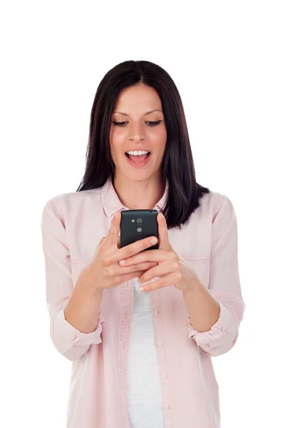 Smiling brunette woman looking mobile Stock Photo